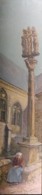 une image d'une peinture d'un bâtiment avec une horloge dessus