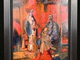 an oil painting of a woman sitting on a chair next to a man