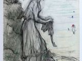 une image représentant un dessin d'une femme tenant un chat au bord de l'eau