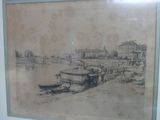 drawing of a boat on the water in front of a building