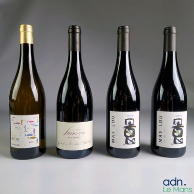 quatre bouteilles de vin sont alignées sur une table