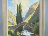 an oil painting of a bridge over a river in a mountainous landscape