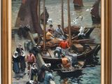 une peinture représentant un groupe de personnes sur un bateau dans l'eau