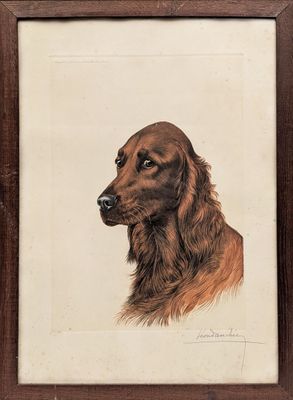 tableau représentant un chien brun dans un cadre brun sur fond blanc
