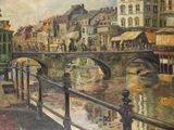 a painting of a bridge over a river in a city