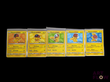 five pokemon cards on a black background one is yellow and the other is blue