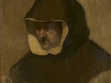 un tableau représentant un homme coiffé d'une capuche et tenant un livre
