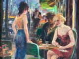 une peinture à l'huile représentant deux femmes assises à une table dans un café