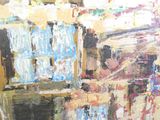 une peinture d'une rue de la ville avec des gens qui y marchent