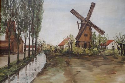 a painting of a windmill on the side of the road