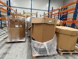 several boxes are stacked on pallets in a large warehouse