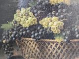 a painting of grapes in a basket on a table