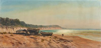 tableau représentant une scène de plage avec des bateaux sur le sable et une personne debout au bord de l'eau