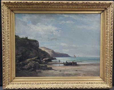 an image of a painting of a beach scene with a boat on the shore