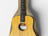 un gros plan d'une guitare en bois sur fond blanc