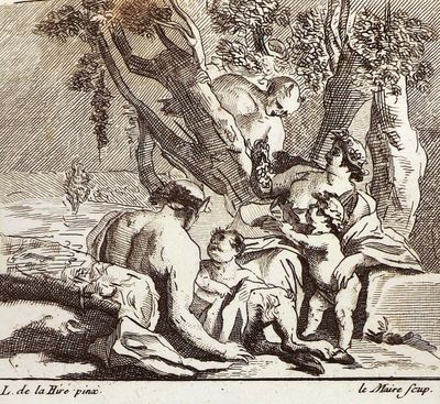 a drawing of a group of people sitting under a tree