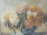 une peinture de fleurs dans un vase bleu sur une table