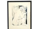 painting of a nude woman sitting on a stool in a black frame