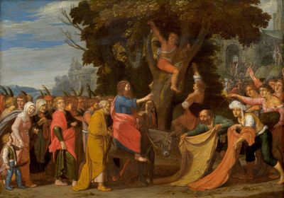 une image représentant un tableau où l'on voit un groupe de personnes rassemblées autour d'un homme à cheval