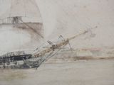 a drawing of a boat in the water with a bridge in the background