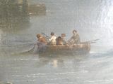 une peinture représentant un groupe de personnes dans un bateau sur l'eau
