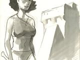 drawing of a woman with a tennis racket in front of a building