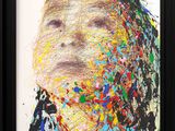 an abstract painting of a woman ' s face with multicolored paint splattered on it