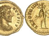 a gold coin with an image of a man holding a sword