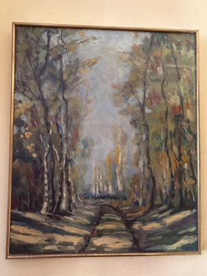 un tableau représentant une route au milieu d'une forêt