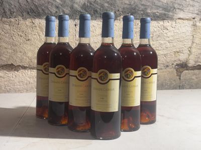 six bottles of wine are lined up in a row against a stone wall