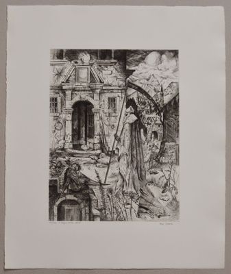 un dessin en noir et blanc représentant une femme tenant un parapluie devant un immeuble