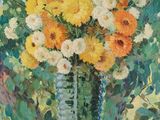 une peinture de fleurs dans un vase sur une table