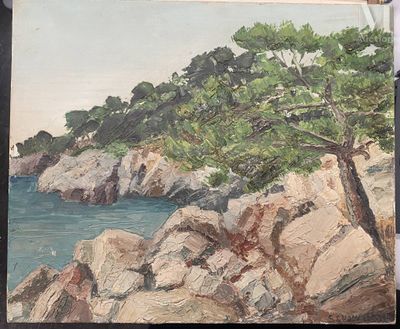 une peinture représentant des rochers et des arbres au bord de l'eau