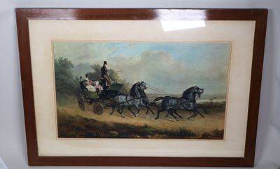 framed painting of a horse drawn carriage with two men on it