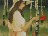 a painting of a woman standing in a field of flowers