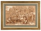 a drawing of a group of people sitting around a table