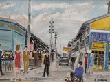 a painting of a street scene with people and a dog