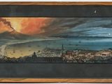 painting of a painting of a landscape with a mountain in the background