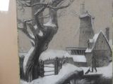 a picture of a drawing of a man walking in the snow