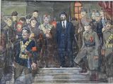a painting of a man standing in front of a group of men