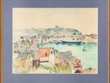 aquarelle encadrée représentant une scène de port avec des bateaux et des bâtiments