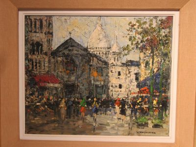 a painting of a city street scene with people walking
