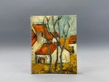 un tableau représentant une maison avec un arbre devant