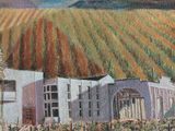 painting of a painting of a vineyard with a ship in the background