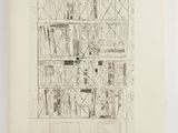 an image of a drawing of a book shelf with books on it