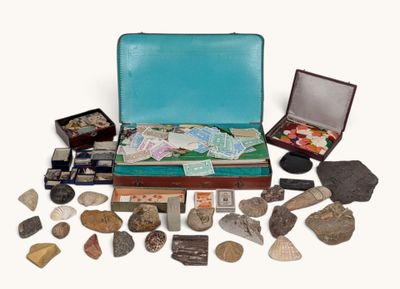 une valise remplie de roches et de pierres posée sur une surface blanche