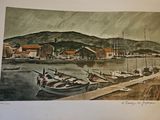 a picture of a painting of a boat docked at a dock