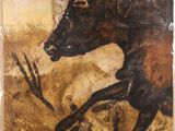 painting of a bull running in a field with a sky background