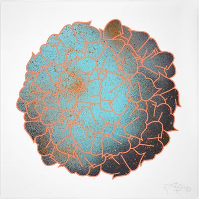 painting of a blue and orange flower on a white background
