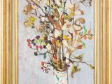 une peinture à l'huile représentant un vase avec des fleurs sur une table